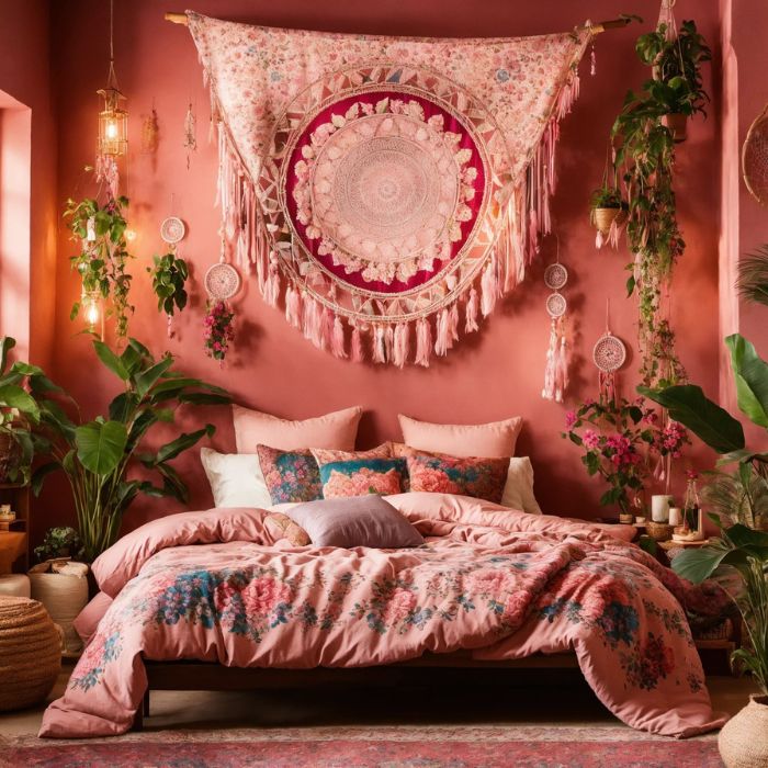 pink boho bedroom layout