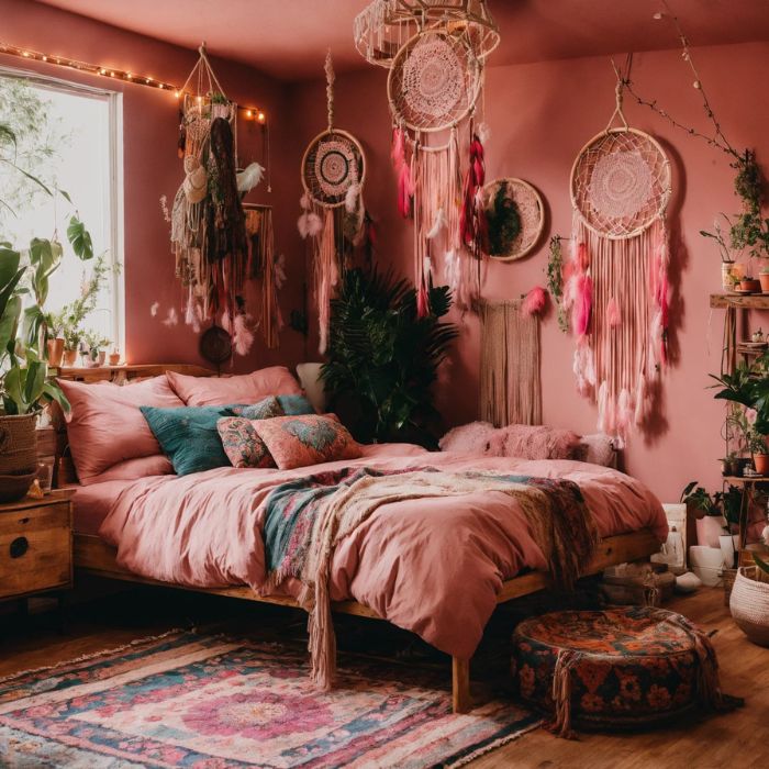 pink boho bedroom with dreamcatchers